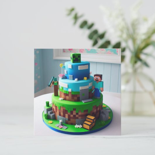 おもしろいテクノブロック子供の誕生日ケーキ カード (スタンド正面)