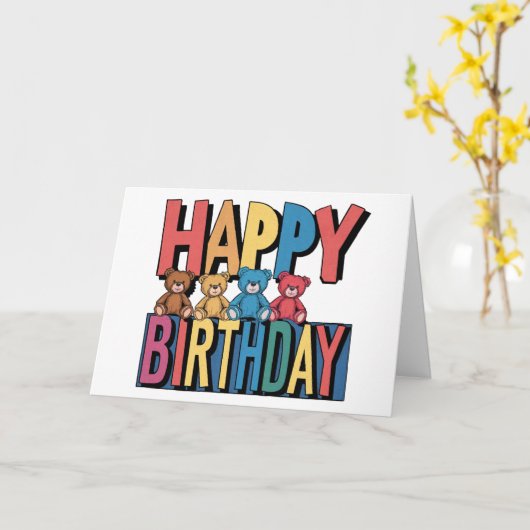 おもしろいテディカラフルベアハッピーバースデー カード (黄色い花)