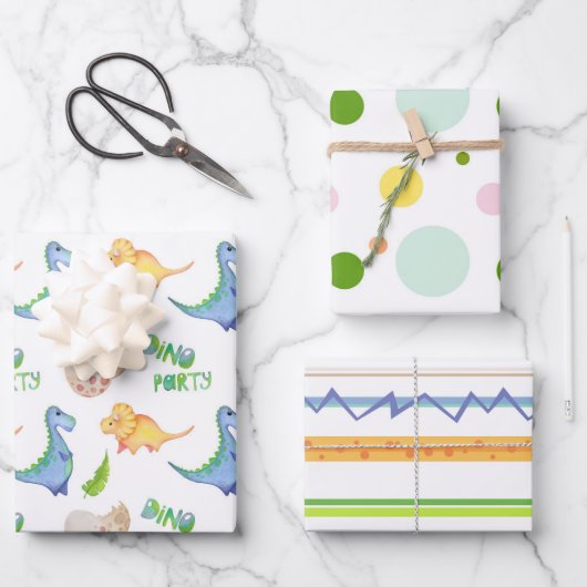 おもしろいディノパーティー恐竜のドット行かわいい子供 ラッピングペーパーシート (正面)