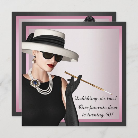 おもしろいディヴァ女性ピンクとブラック40歳の誕生日 招待状 (正面/裏面)