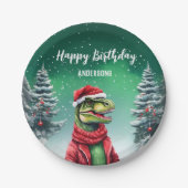 おもしろいディーノクリスマスツリー誕生日ボーイズ雪パーティー ペーパープレート (正面)