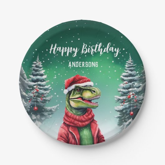 おもしろいディーノクリスマスツリー誕生日ボーイズ雪パーティー ペーパープレート (正面)
