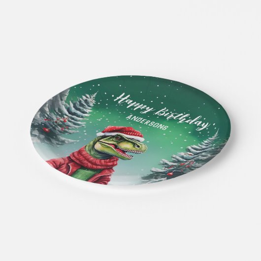 おもしろいディーノクリスマスツリー誕生日ボーイズ雪パーティー ペーパープレート (アングル)