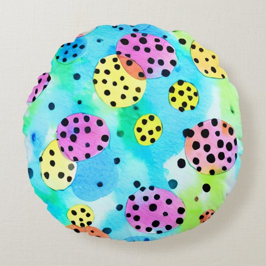 おもしろいデザインハッピーカラー水玉模様ピンクブルーキッズ ラウンドクッション (正面)