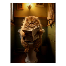 おもしろいトイレに読おける太い猫の新聞 ポスター