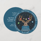 おもしろいトナカイのもつれたライト 青いダサいクリスマススウェット 招待状 (正面/裏面)