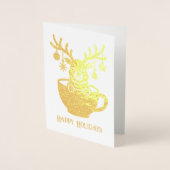 おもしろいトナカイのカップのクリスマスホリデー金ゴールド 箔カード (正面)