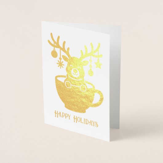おもしろいトナカイのカップのクリスマスホリデー金ゴールド 箔カード (正面)