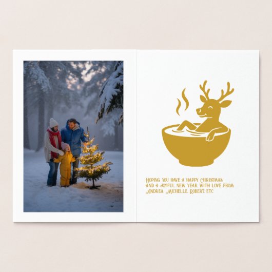 おもしろいトナカイのカップのクリスマスホリデー金ゴールド 箔カード (内部)