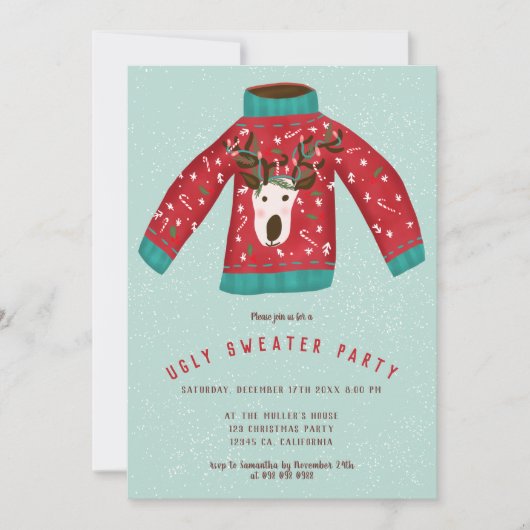 おもしろいトナカイの醜いセータークリスマスイラストレーション 招待状 (正面)