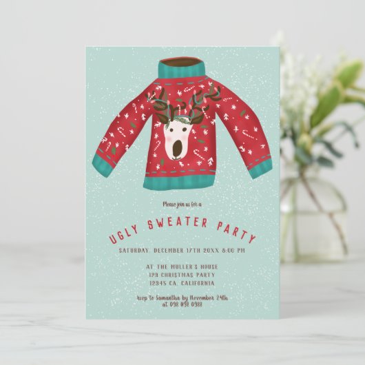 おもしろいトナカイの醜いセータークリスマスイラストレーション 招待状 (スタンド正面)