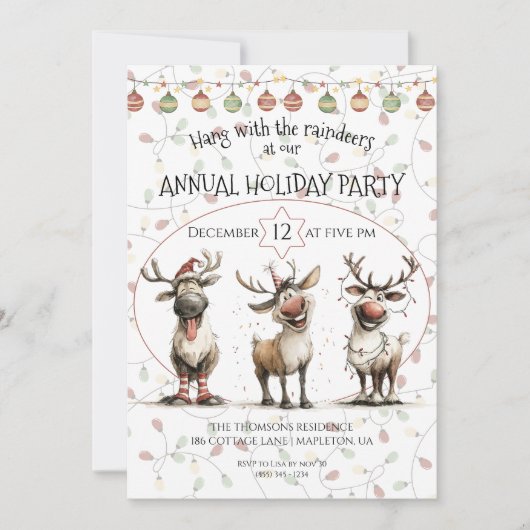 おもしろいトナカイ電球の年次休暇パーティー 招待状 (正面)