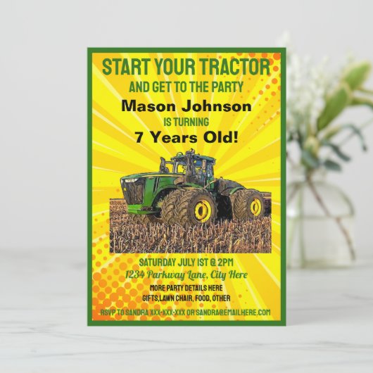 おもしろいトラクター誕生日キッズファーム機器イエロー 招待状 (スタンド正面)