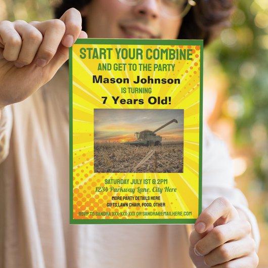 おもしろいトラクター誕生日キッズファーム機器コンバイン 招待状