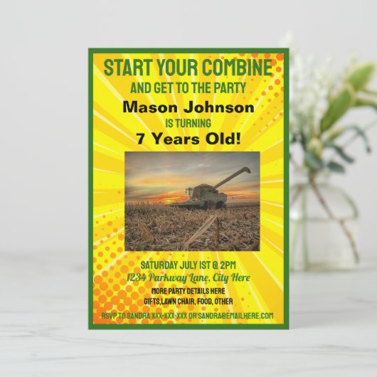 おもしろいトラクター誕生日キッズファーム機器コンバイン 招待状 (スタンド正面)