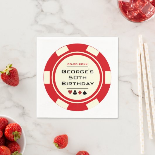 おもしろいトランプのポーカーチップインレッド&クリーム誕生日 スタンダードカクテルナプキン (インサイチュ)
