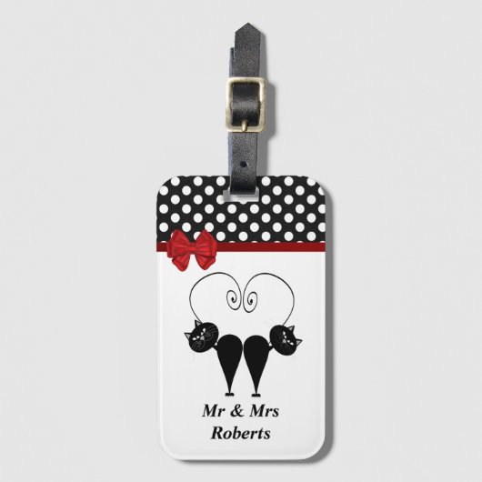おもしろいトレンディーかわいい猫カップルのモノグラム水玉模様 ラゲッジタグ (正面縦)