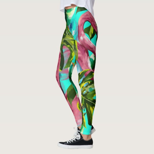 おもしろいトロピカルグリーンパームピンクフラミンゴスバケーション レギンス (左)