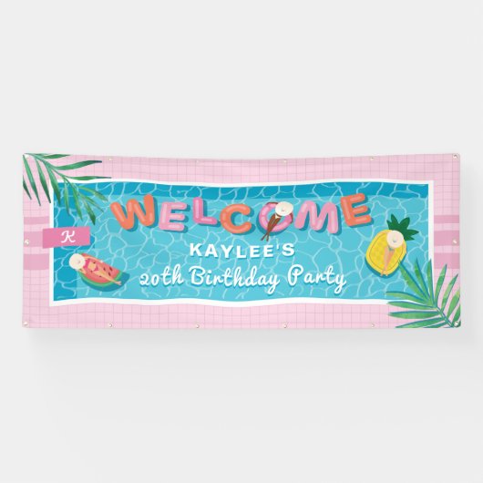 おもしろいトロピカルピンクプール誕生日パーティーへようこそ 横断幕 (横)