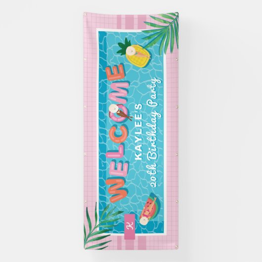 おもしろいトロピカルピンクプール誕生日パーティーへようこそ 横断幕 (縦)