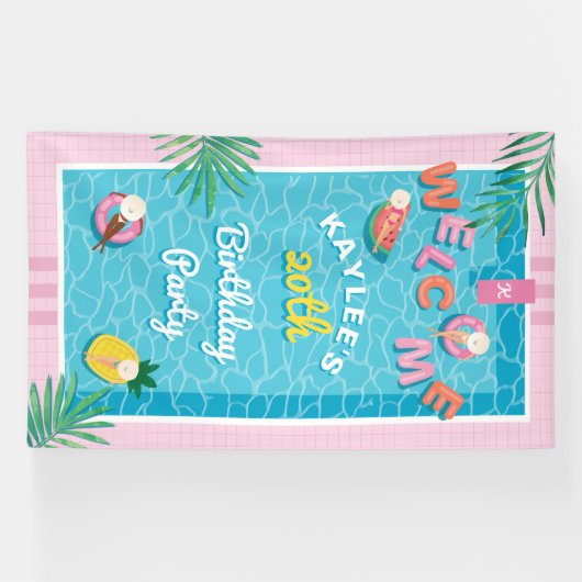 おもしろいトロピカルピンクプール誕生日パーティーウェルカムバン 横断幕 (横)