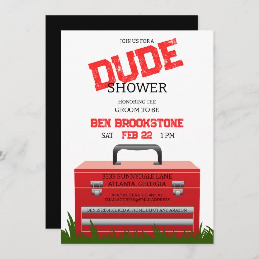 おもしろいドゥデグルームツールボックスウェディングシャワー招待状 招待状 (正面/裏面)