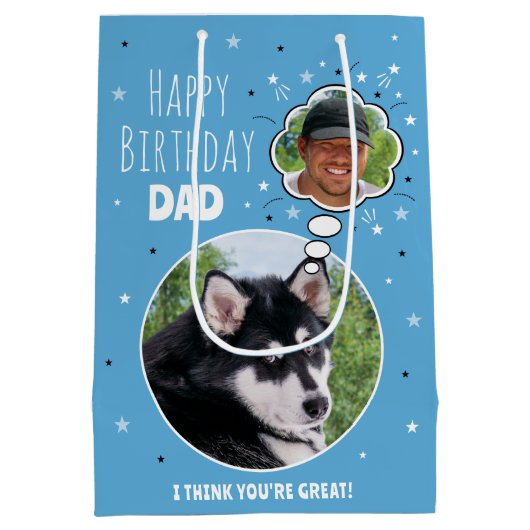おもしろいドッグパパ考え誕生日バブルフォトブルー ミディアムペーパーバッグ (裏面)