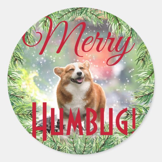 おもしろいドッグフォトクリスマスリースメリーHumbug ラウンドシール (正面)