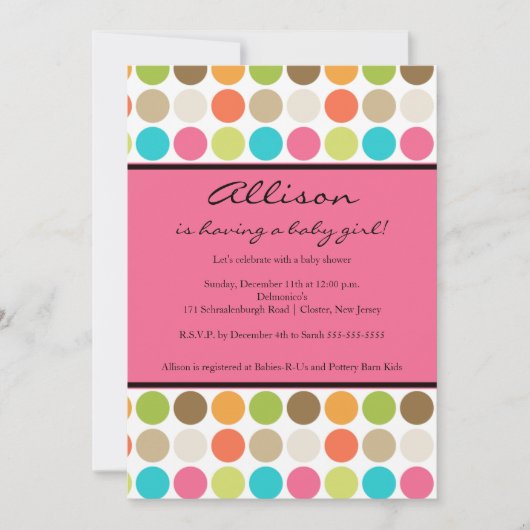 おもしろいドッツピンクのベビーガールシャワー 招待状 (正面)