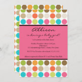 おもしろいドッツピンクのベビーガールシャワー 招待状 (正面/裏面)