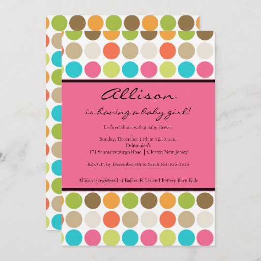 おもしろいドッツピンクのベビーガールシャワー 招待状 (正面/裏面)