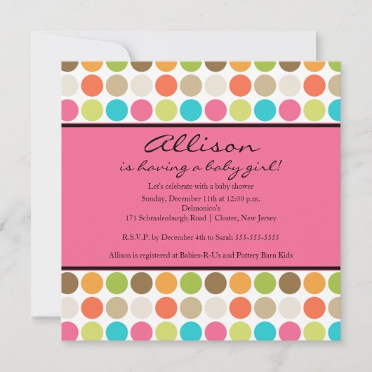 おもしろいドッツピンクベビーガールシャワー 招待状 (正面)