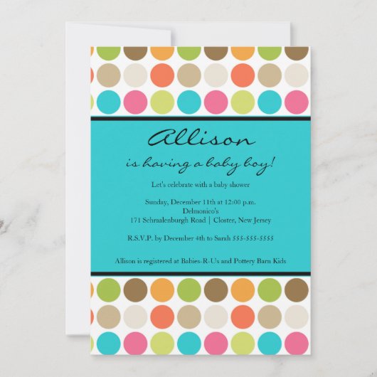 おもしろいドットターコイズのベビーガールまたはボーイシャワー 招待状 (正面)