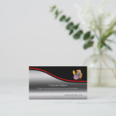 おもしろいドラマー・ドラミング，レッド・スウッシュ，メタリック・エフェクト 名刺 (スタンド正面)