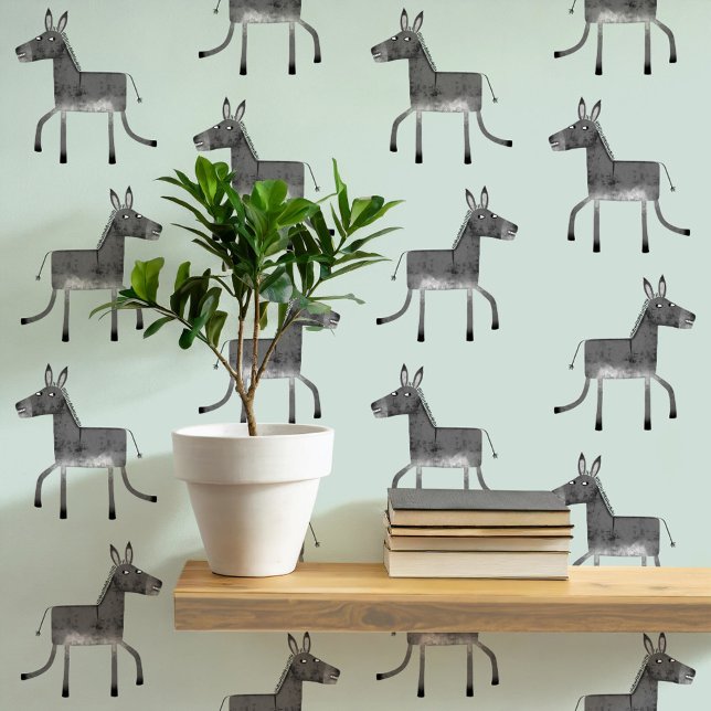 おもしろいドンキーグレイセージ緑パターン 壁紙 (Fun donkey pattern peel and stick wallpaper in gray and sage green)
