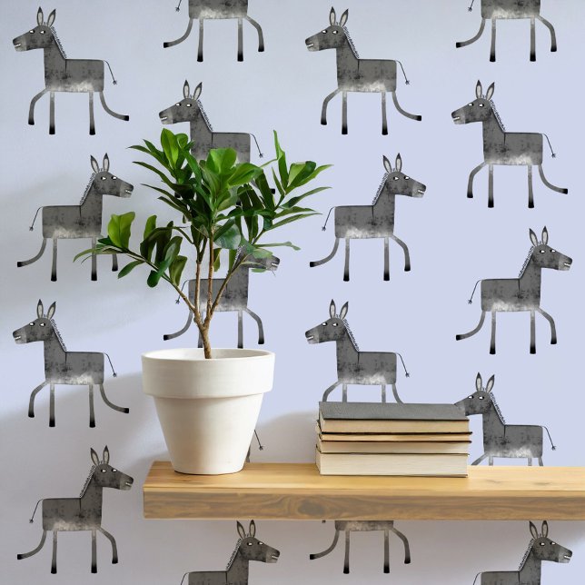 おもしろいドンキーグレイ青パターン 壁紙 (Fun donkey pattern peel and stick wallpaper in gray and blue)