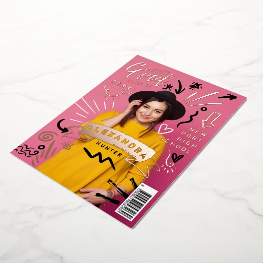 おもしろいドードルスケッチ雑誌カバーガールグラードパーティー 箔招待状 (回転した状態)