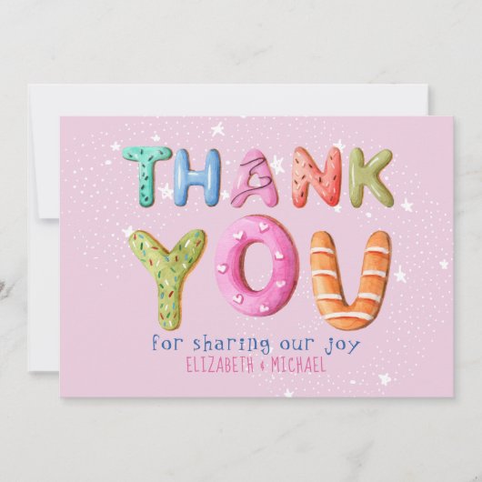 おもしろいドーナツ赤面ピンクセージグリーンありがとう 招待状 (正面)