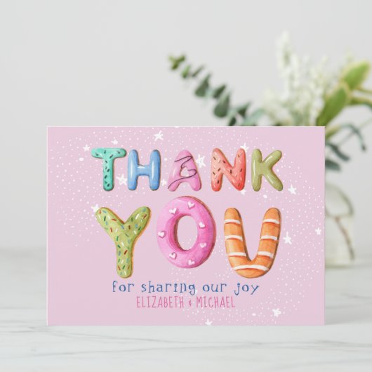 おもしろいドーナツ赤面ピンクセージグリーンありがとう 招待状 (スタンド正面)