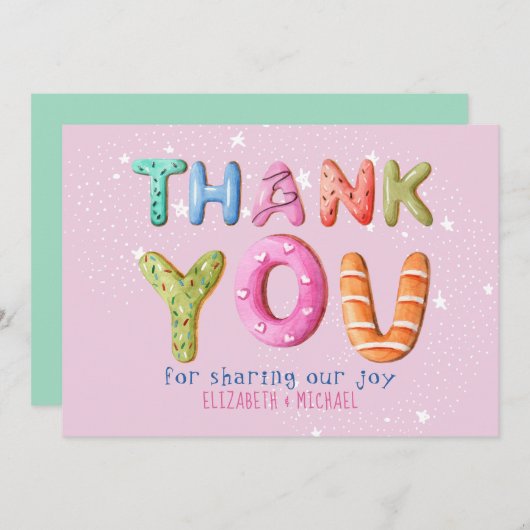おもしろいドーナツ赤面ピンクセージグリーンありがとう 招待状 (正面/裏面)