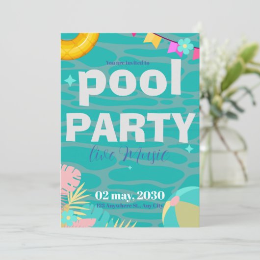 おもしろいネオングローブルーグリーンプールパーティーボーイズ誕生日 招待状 (スタンド正面)