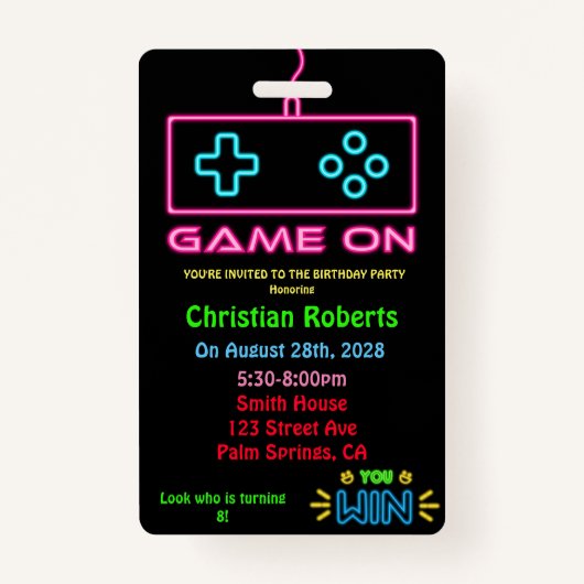 おもしろいネオンゲーマー誕生日バースデーパーティー バッジ (正面)
