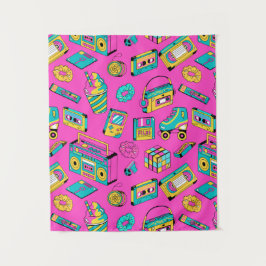 おもしろいネオンピンクレトロ80s 90sテックブライトパターン タペストリー