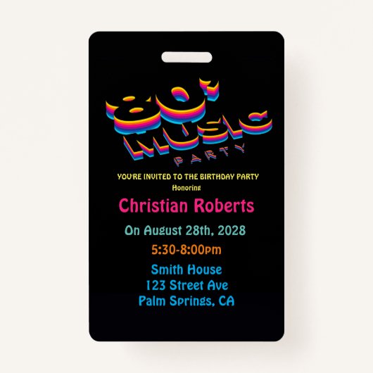 おもしろいネオン80の音楽バースデーパーティーバッジ バッジ (正面)