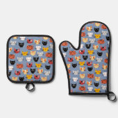 おもしろいネコ柄ブルー 鍋つかみ&鍋敷きセット (正面)