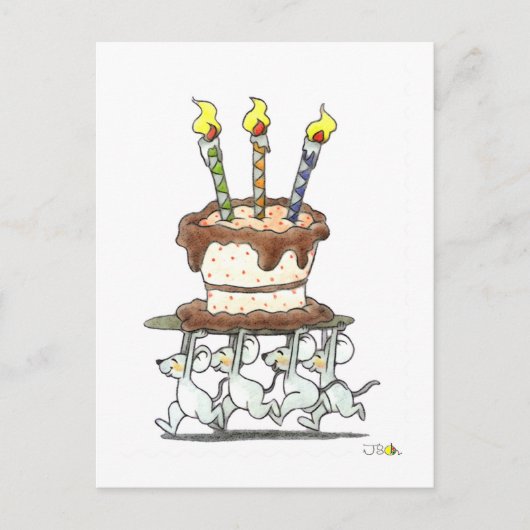 おもしろいネズミ&ケーキ誕生日グリーティング ポストカード (正面)