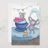 おもしろいネズミinティーカップ – 誕生日ネズミカップケーキカード シーズンカード (正面)