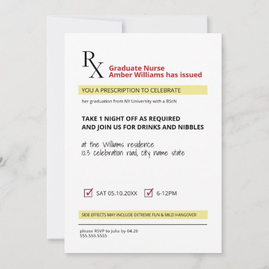 おもしろいノベルティRx処方箋ナース卒業 招待状 (正面)