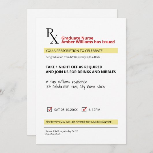 おもしろいノベルティRx処方箋ナース卒業 招待状 (正面/裏面)