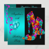 おもしろいハイヒールシューズ誕生日パーティーフローラ 招待状 (正面/裏面)